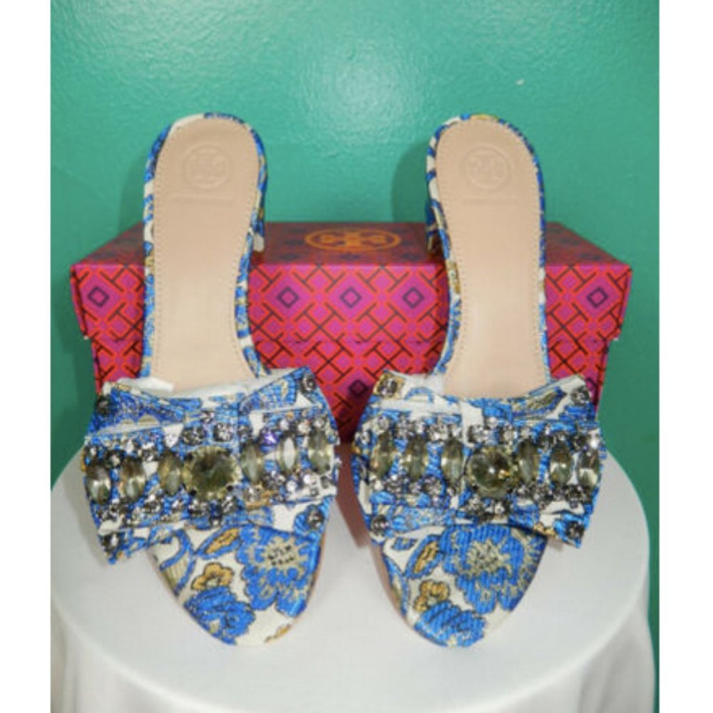 Tory Burch Valentina Blue Floral Brocade Sandals